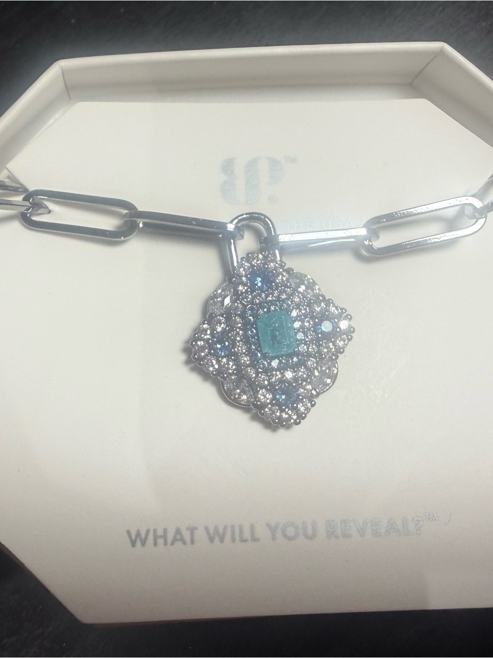 Silver-Tone Blue Crystal Padlock Necklace - Women Jewelry